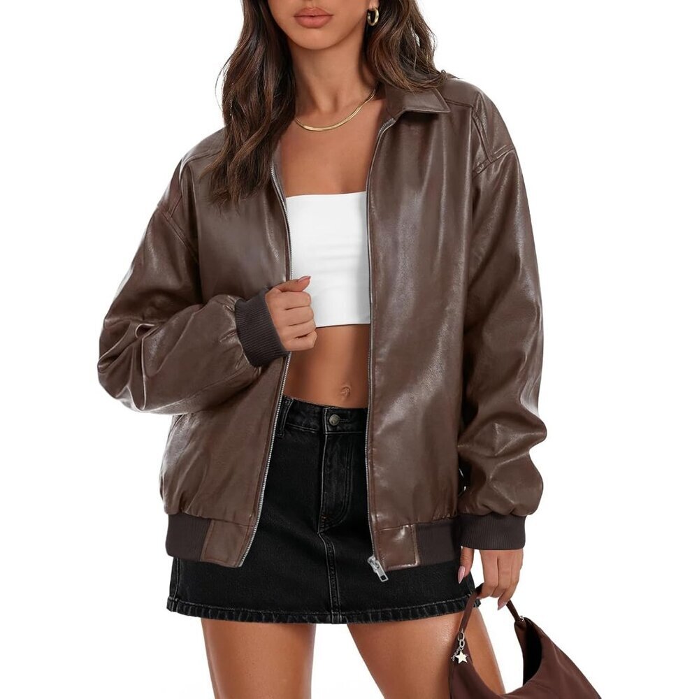 Women's Faux Leather Oversized Motorcycle Jacket Fall Winter Zip Up Coats